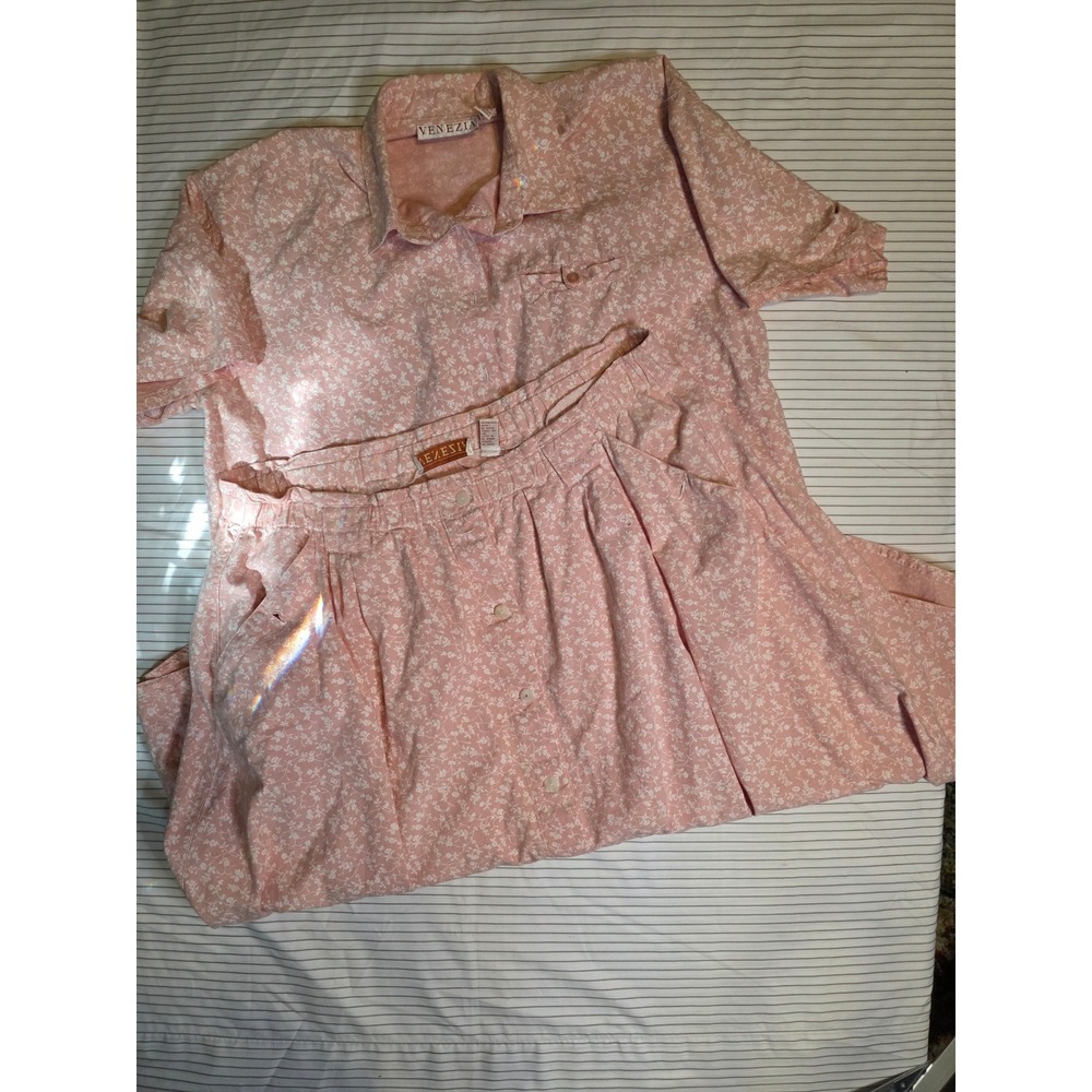 1301 Venezia Pink Floral 100% Cotton vintage 2 Piece Skirt and Shirt Sz 18/20